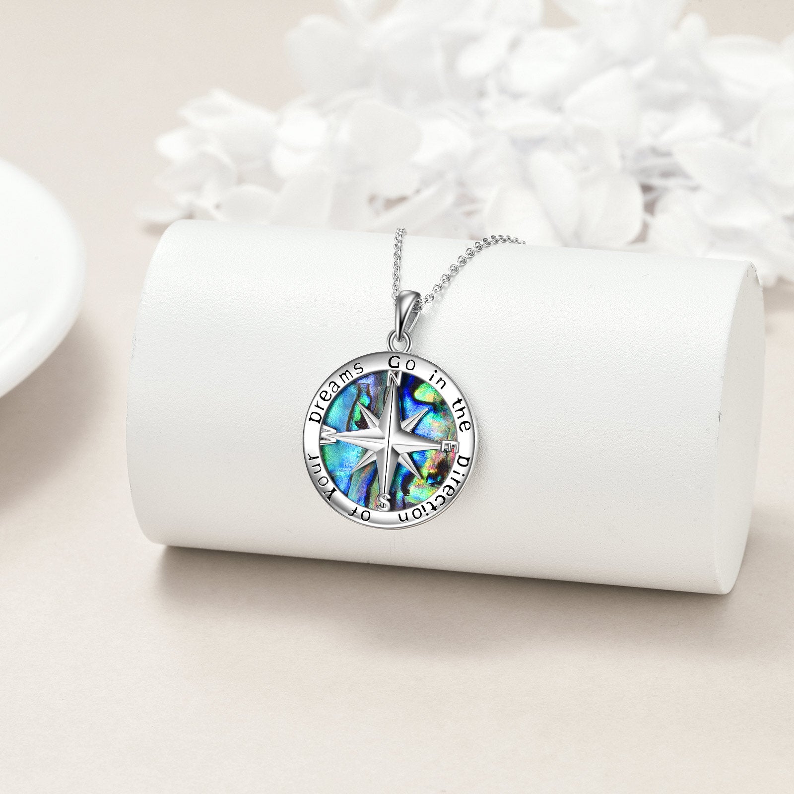 Sterling Silver Circular Shaped Abalone Shellfish Compass Pendant Necklace with Engraved Word