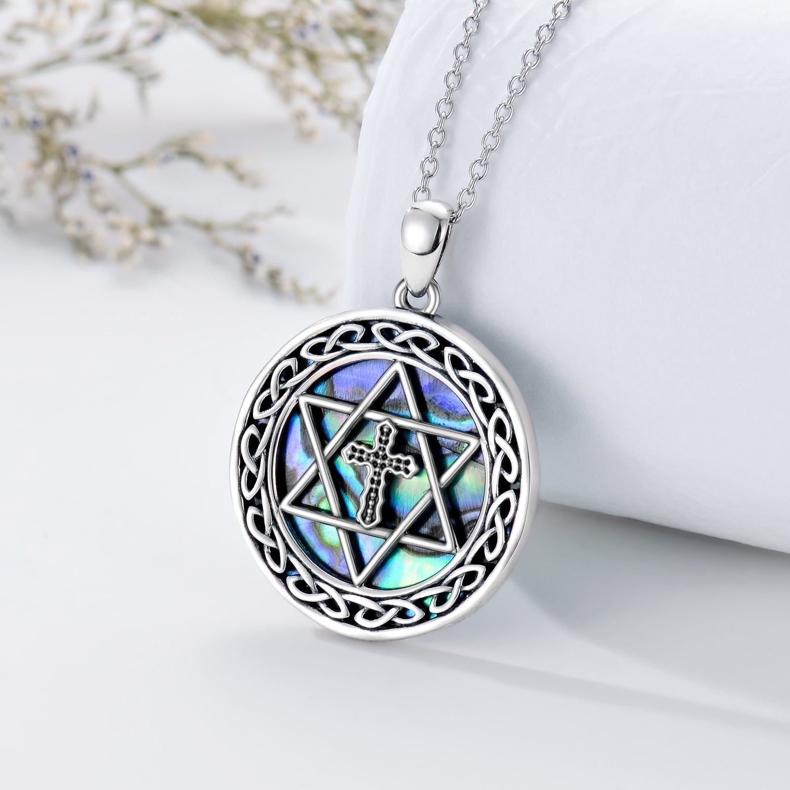 Sterling Silver Circular Shaped Abalone Shellfish Cross & Star Of David Pendant Necklace
