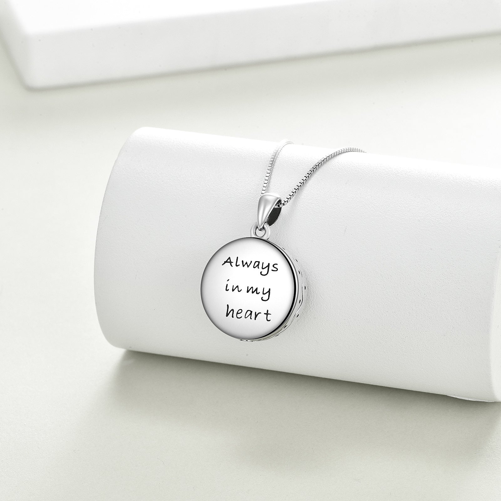 Sterling Silver Circular Shaped Abalone Shellfish Dog & Swing Urn Necklace for Ashes with Engraved Word