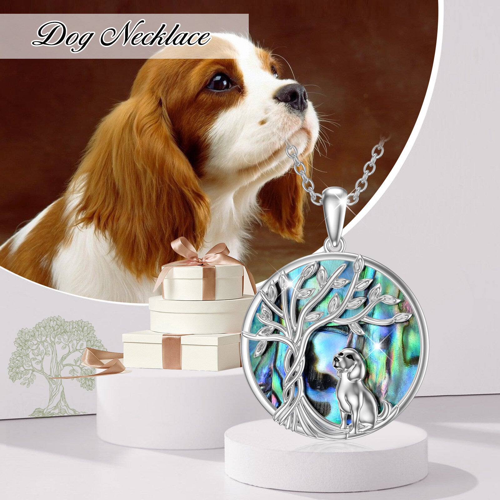 Sterling Silver Circular Shaped Abalone Shellfish Dog & Tree Of Life Pendant Necklace