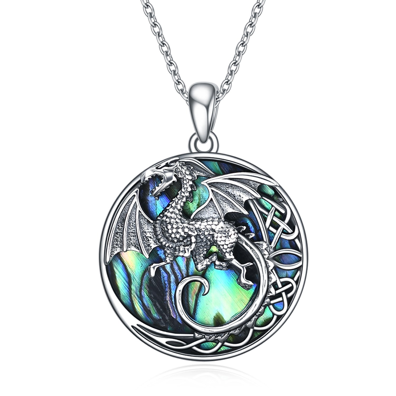 Sterling Silver Circular Shaped Abalone Shellfish Dragon & Celtic Knot Pendant Necklace