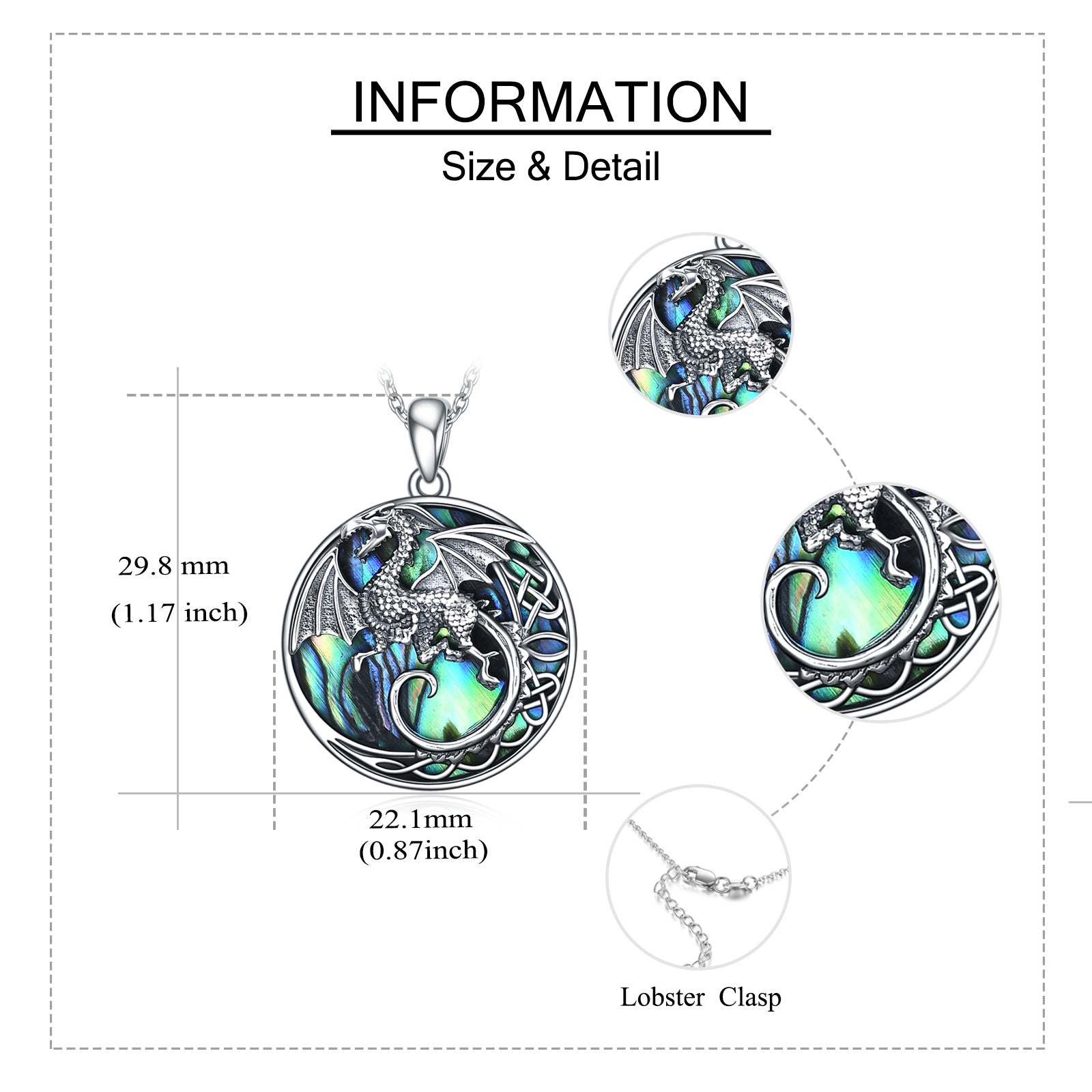 Sterling Silver Circular Shaped Abalone Shellfish Dragon & Celtic Knot Pendant Necklace