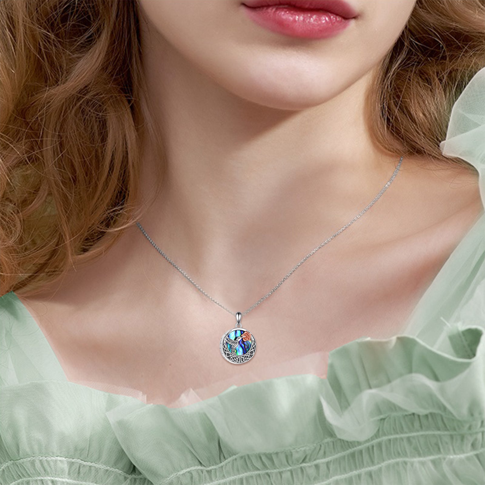 Sterling Silver Circular Shaped Abalone Shellfish Hummingbird & Celtic Knot Urn Necklace for Ashes