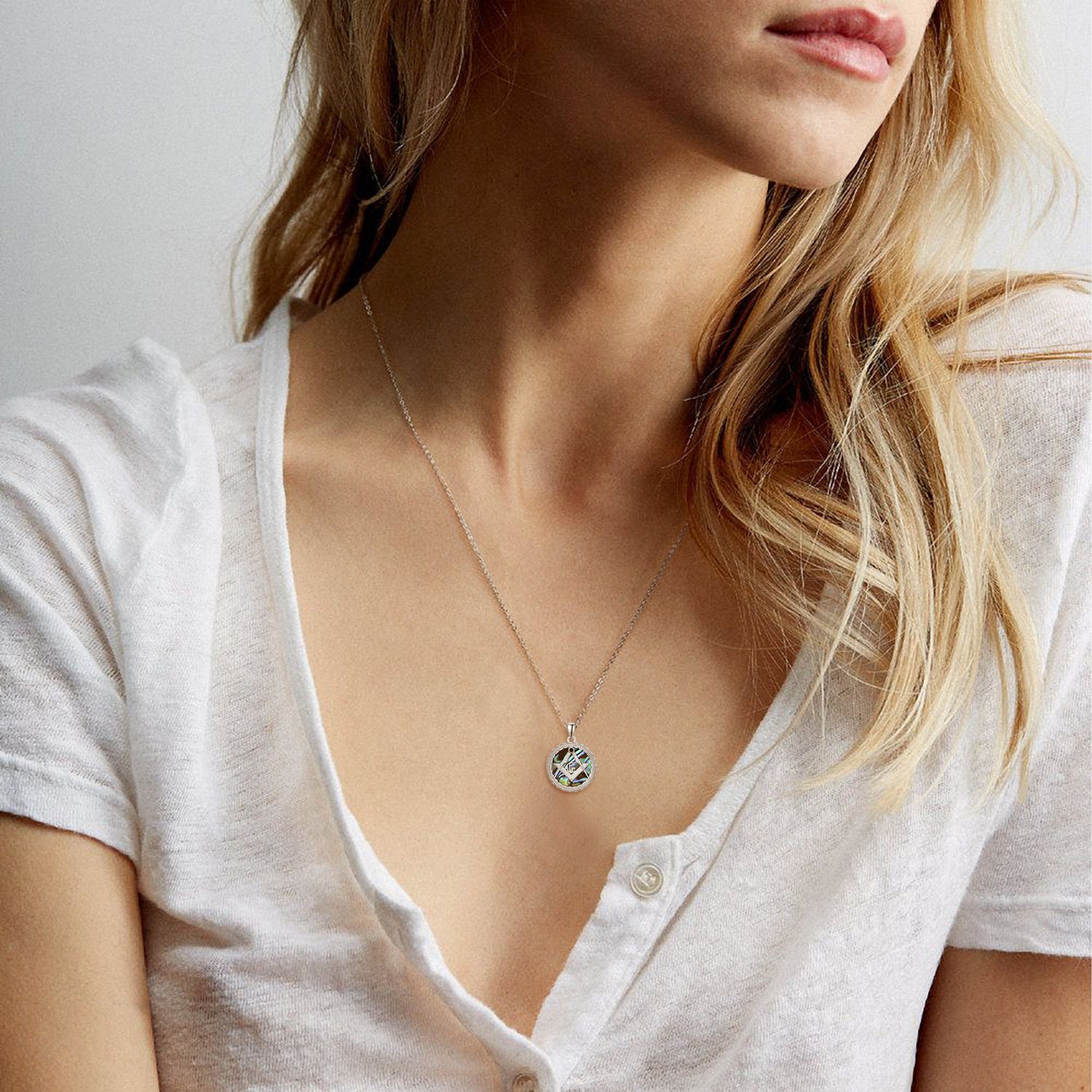 Sterling Silver Circular Shaped Abalone Shellfish Masonic Symbol Pendant Necklace