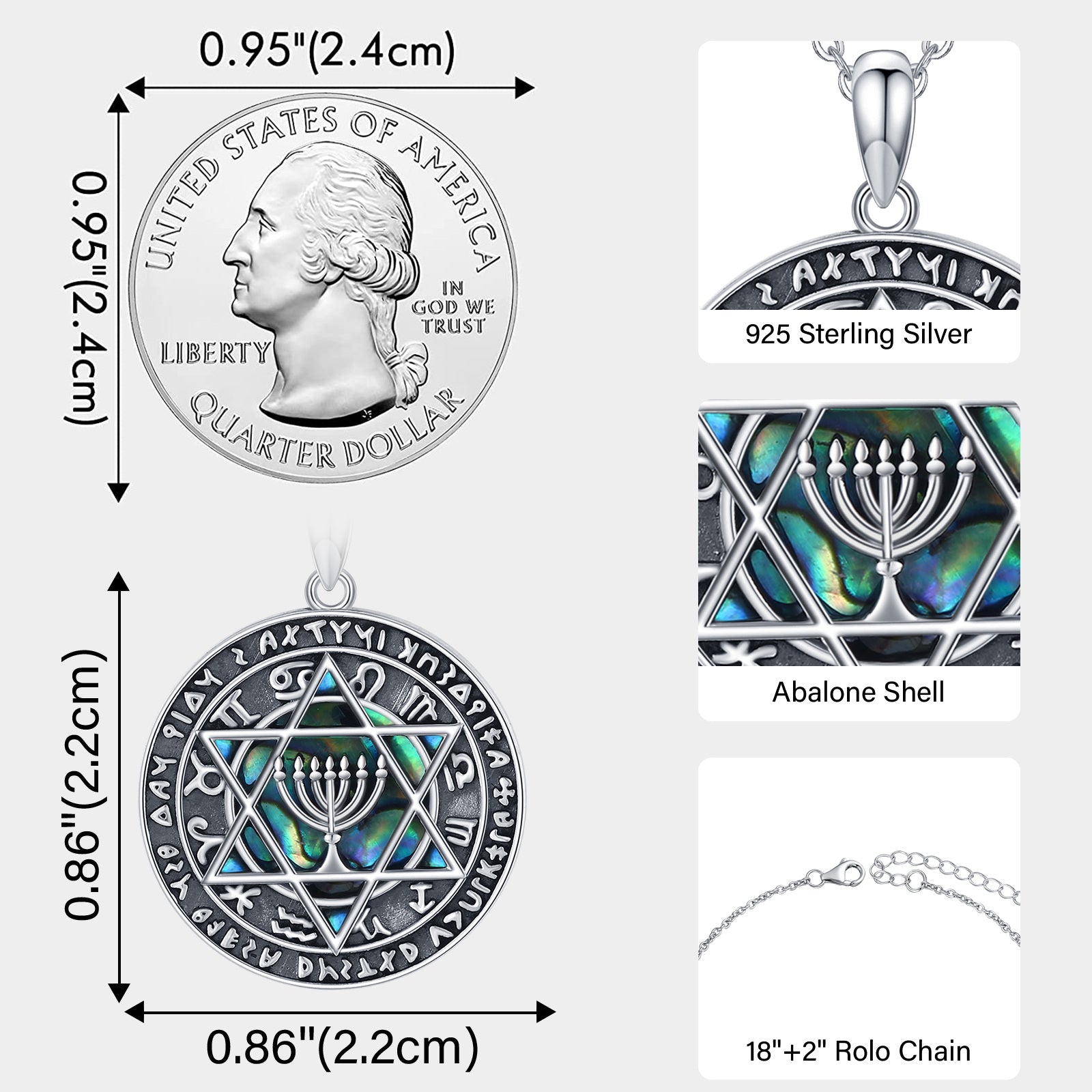 Sterling Silver Circular Shaped Abalone Shellfish Menorah & Star Of David Pendant Necklace