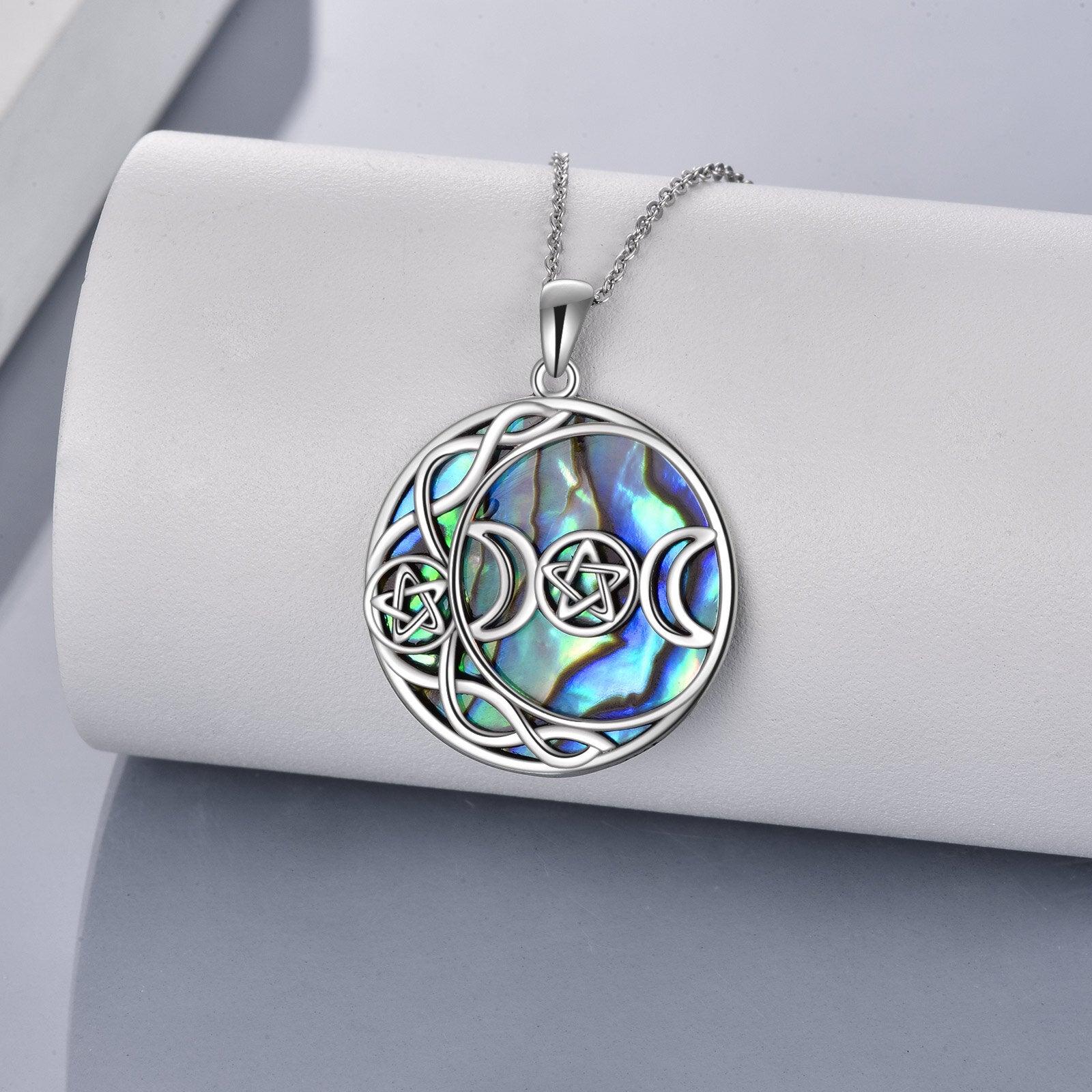 Sterling Silver Circular Shaped Abalone Shellfish Moon & Star Pendant Necklace