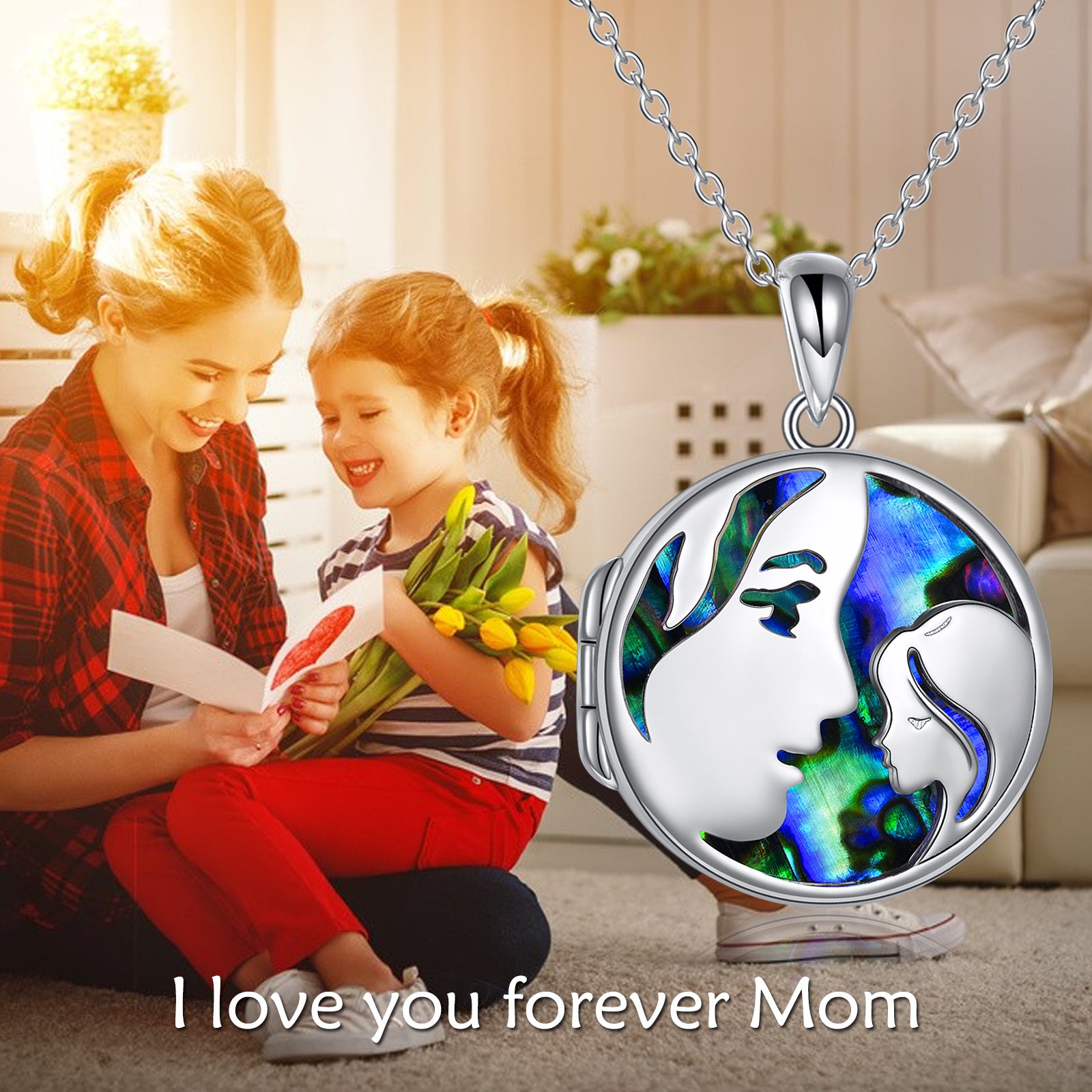 Sterling Silver Circular Shaped Abalone Shellfish Mother & Daughter Personalized Photo Locket Necklace