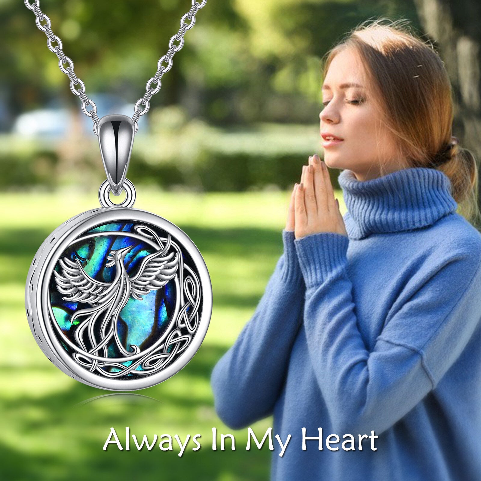 Sterling Silver Circular Shaped Abalone Shellfish Phoenix & Celtic Knot Urn Necklace for Ashes with Engraved Word