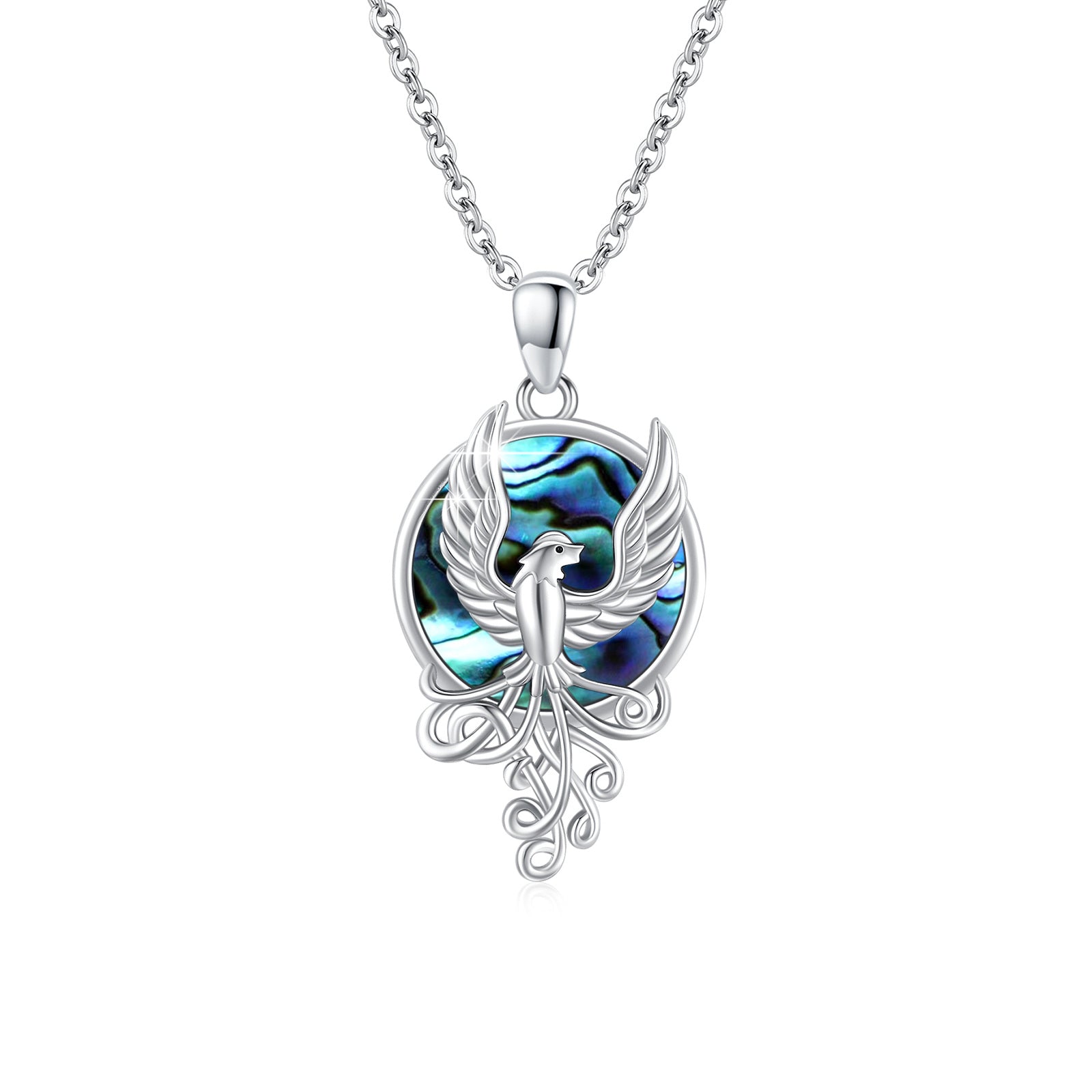 Sterling Silver Circular Shaped Abalone Shellfish Phoenix Pendant Necklace