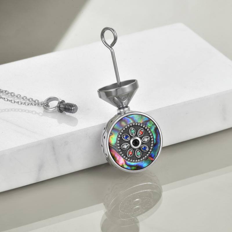 Sterling Silver Circular Shaped Abalone Shellfish Round Urn Necklace for Ashes with Engraved Word