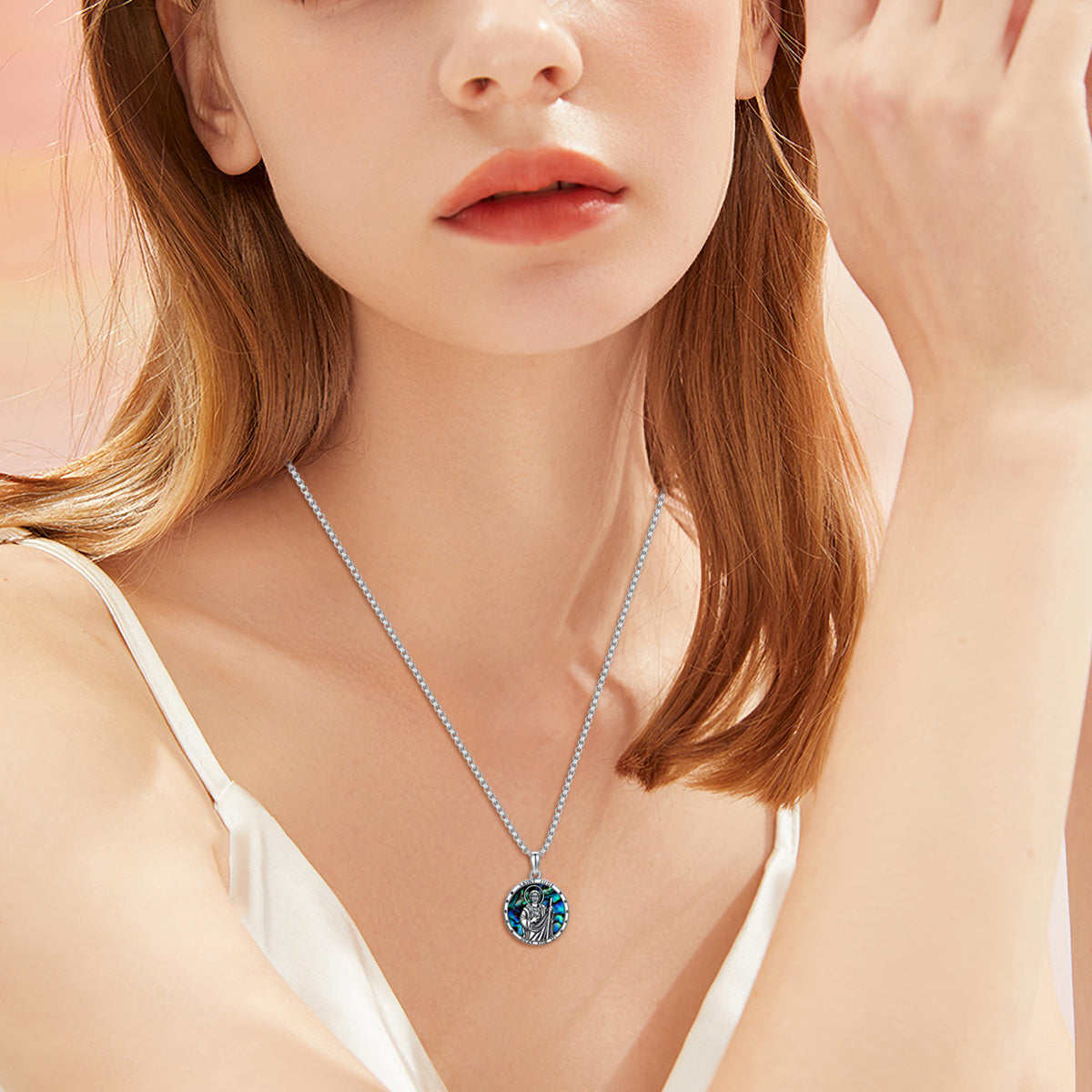 Sterling Silver Circular Shaped Abalone Shellfish Saint Jude Pendant Necklace with Engraved Word