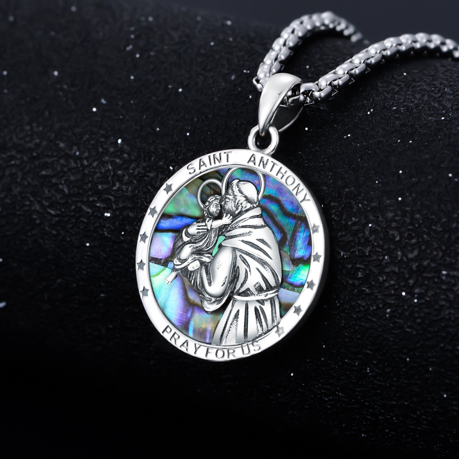 Sterling Silver Circular Shaped Abalone Shellfish St. Anthony Pendant Necklace with Engraved Word