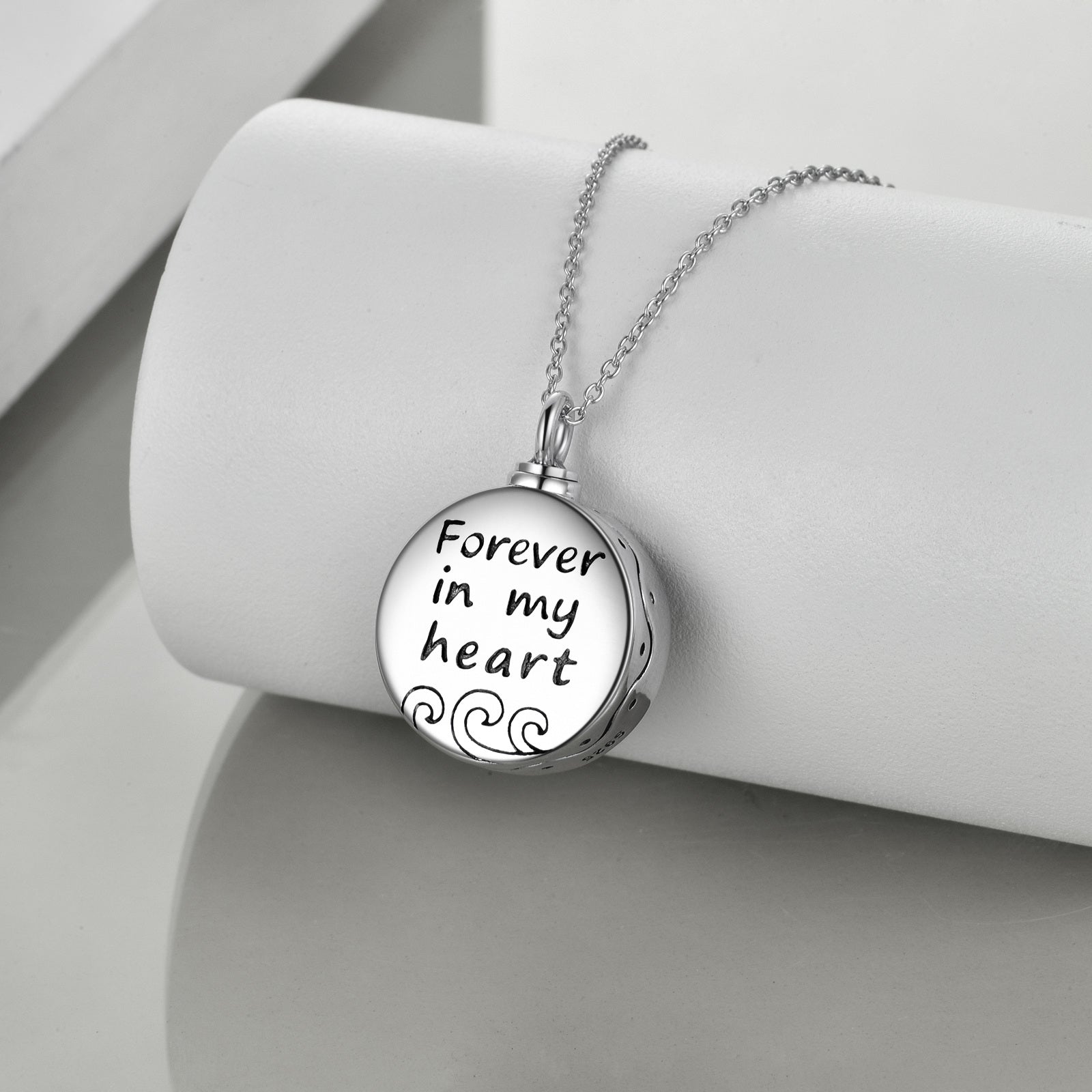 Sterling Silver Circular Shaped Abalone Shellfish Starfish & Spray Urn Necklace for Ashes with Engraved Word