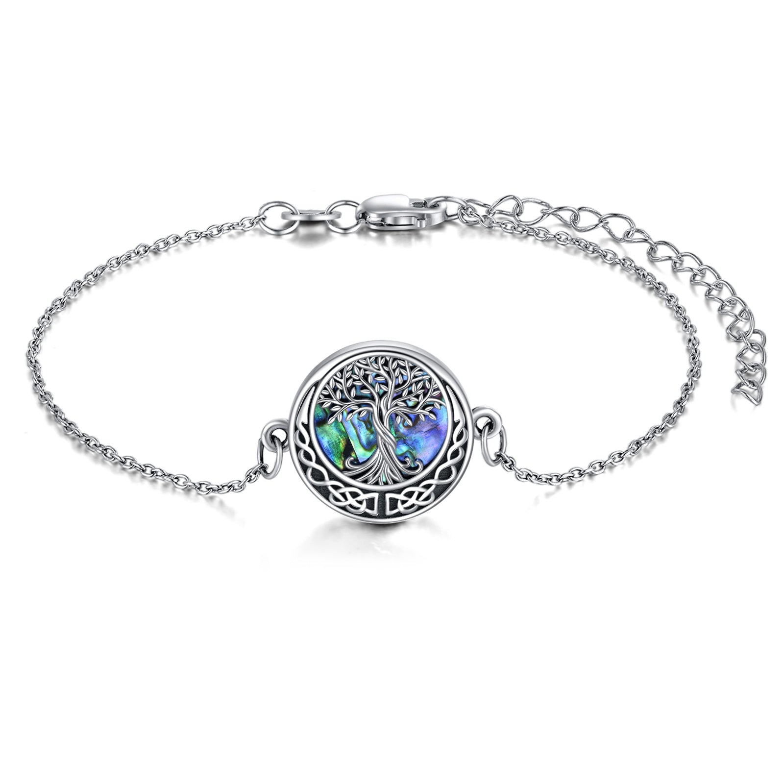 Sterling Silver Circular Shaped Abalone Shellfish Tree Of Life & Celtic Knot Charm Bracelet