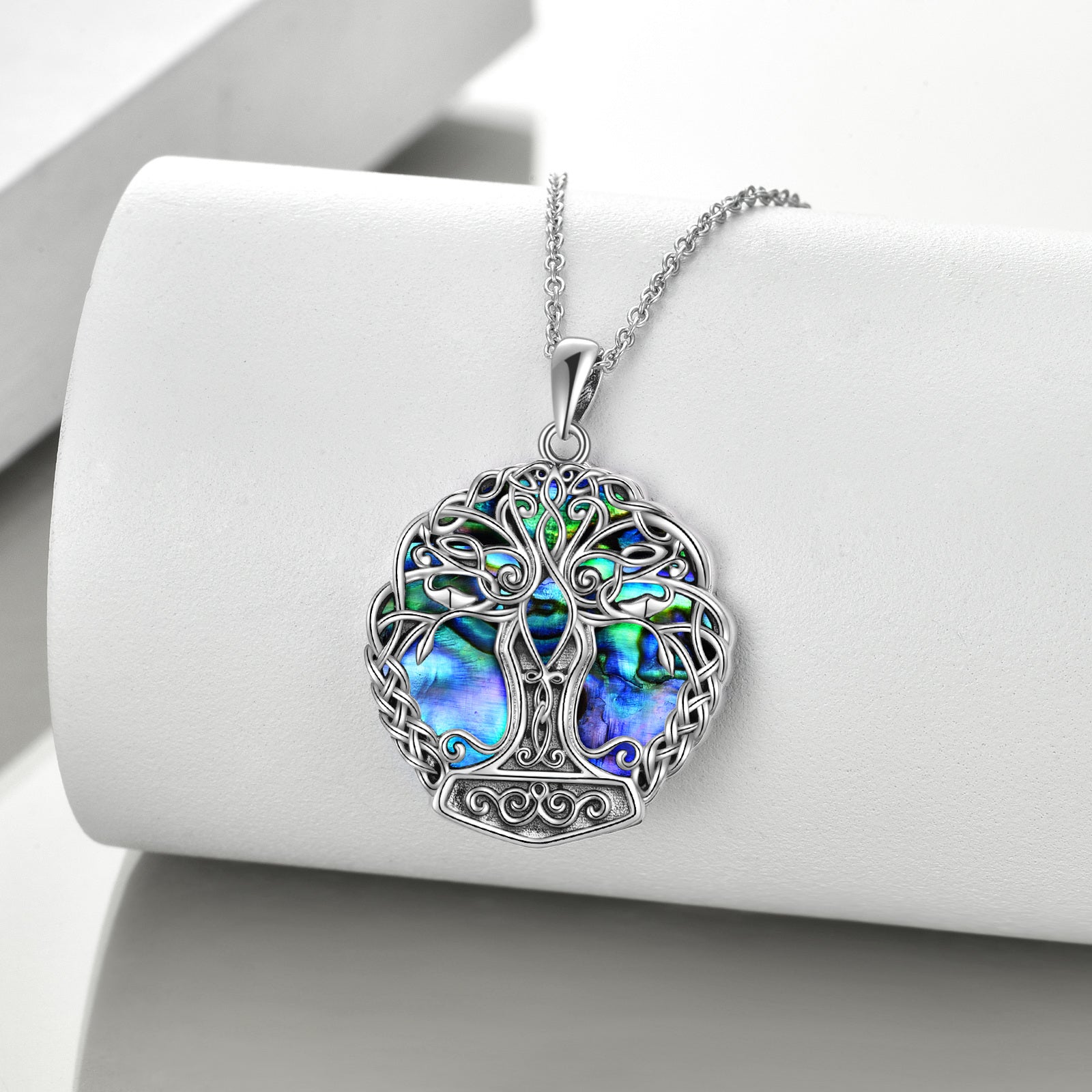 Sterling Silver Circular Shaped Abalone Shellfish Tree Of Life & Celtic Knot Pendant Necklace