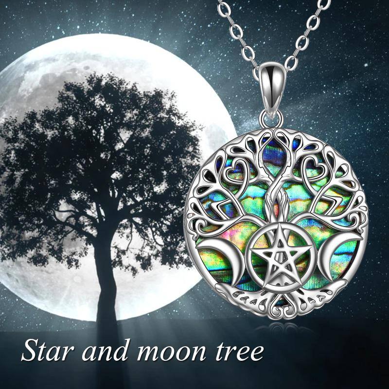 Sterling Silver Abalone Shellfish Tree Of Life Moon Pentagram Pendant Necklace For Unisex