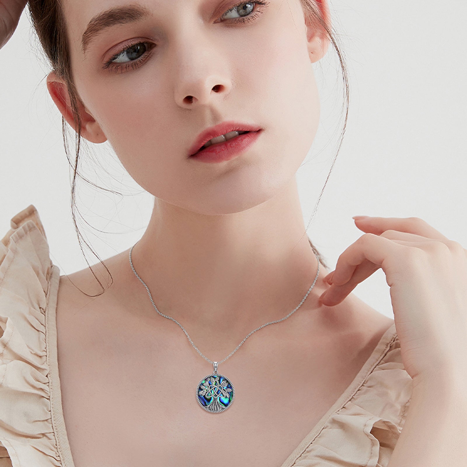 Sterling Silver Circular Shaped Abalone Shellfish Tree Of Life Pendant Necklace