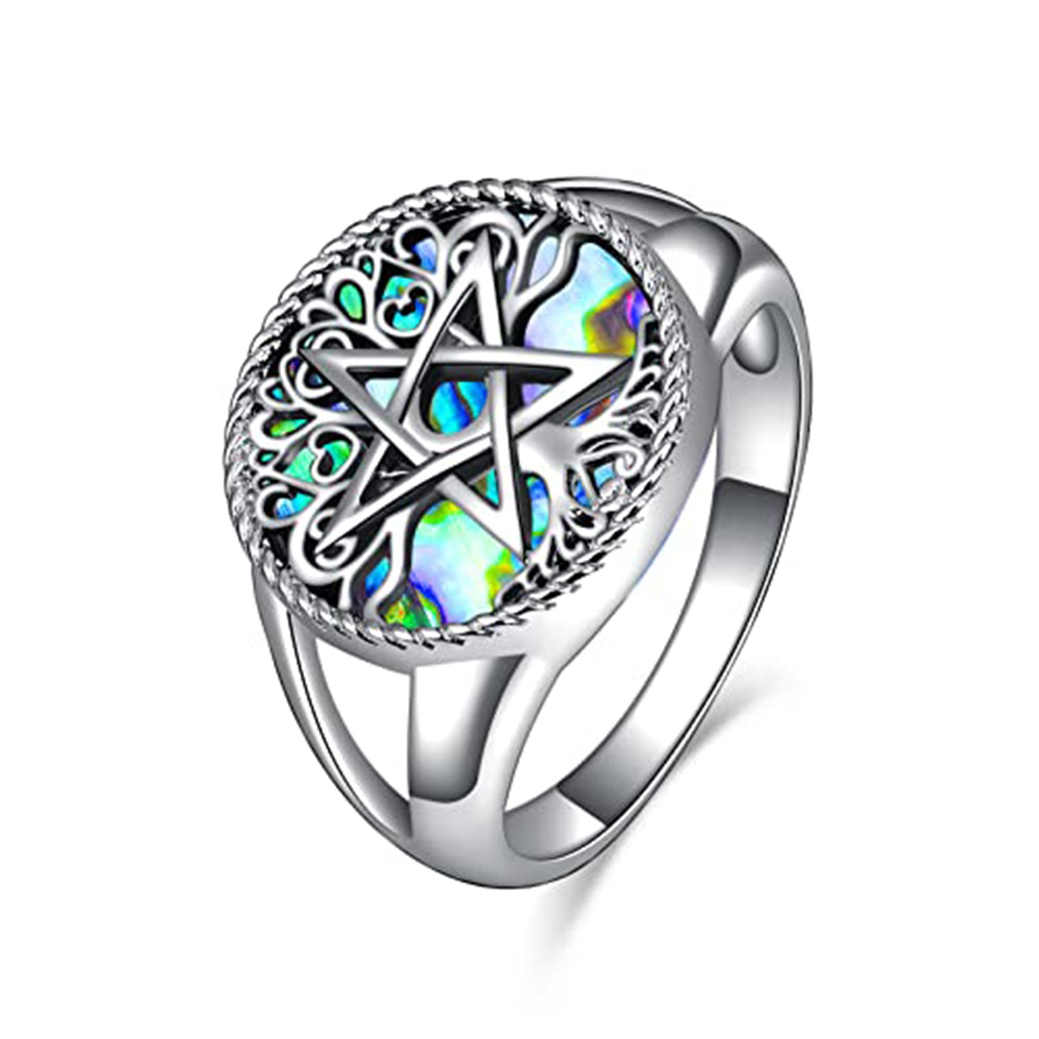 Sterling Silver Round Shaped Abalone Shellfish Tree Of Life & Pentagram Signet Ring
