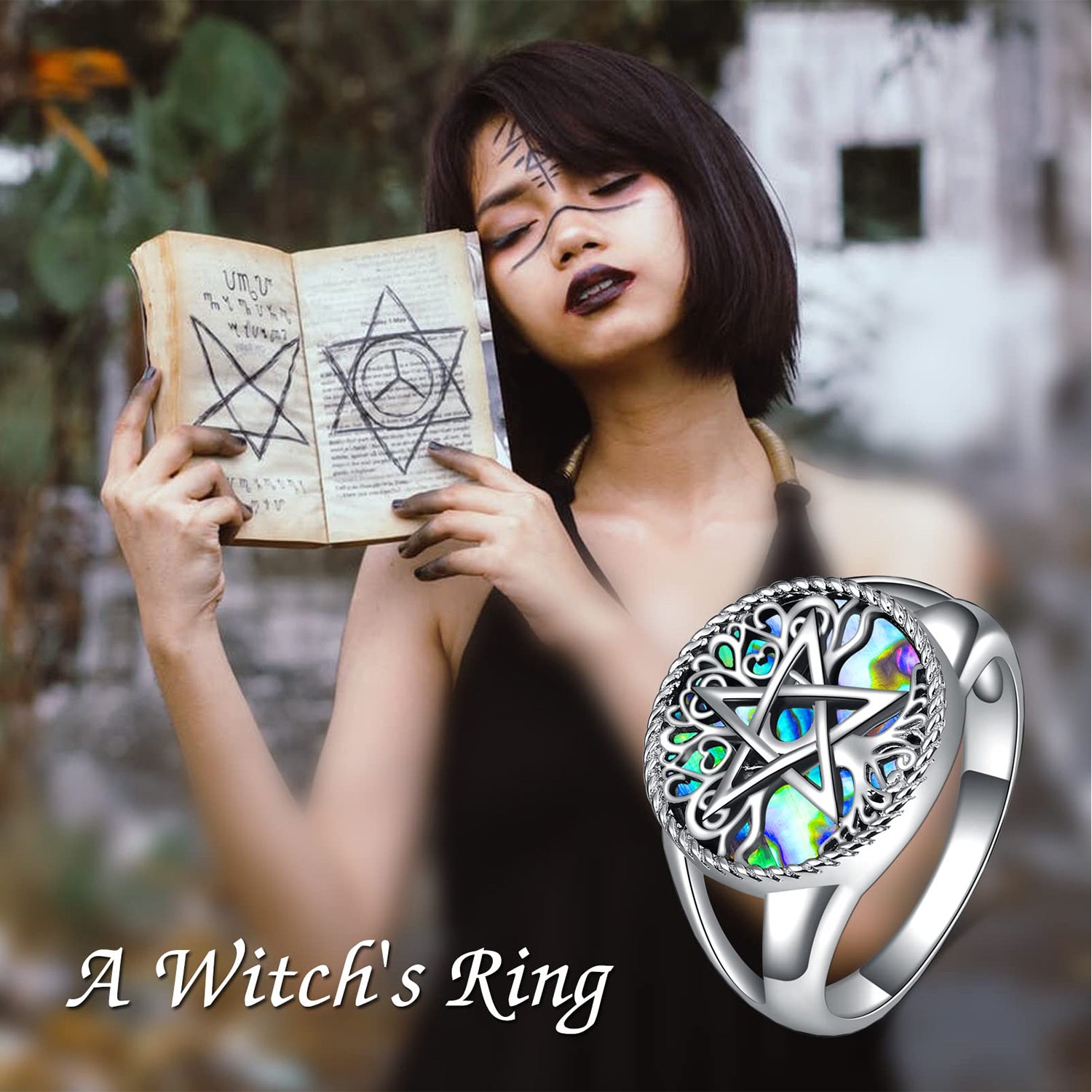 Sterling Silver Round Shaped Abalone Shellfish Tree Of Life & Pentagram Signet Ring