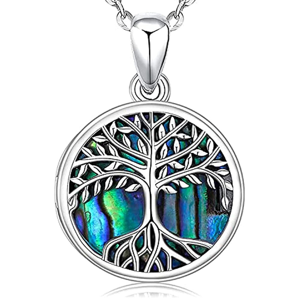 Sterling Silver Circular Shaped Abalone Shellfish Tree Of Life & Personalized Photo Locket Necklace