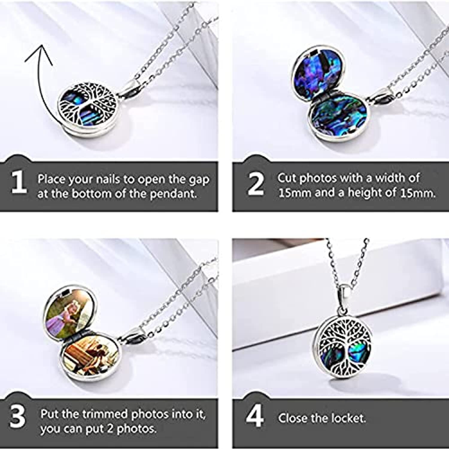 Sterling Silver Circular Shaped Abalone Shellfish Tree Of Life & Personalized Photo Locket Necklace