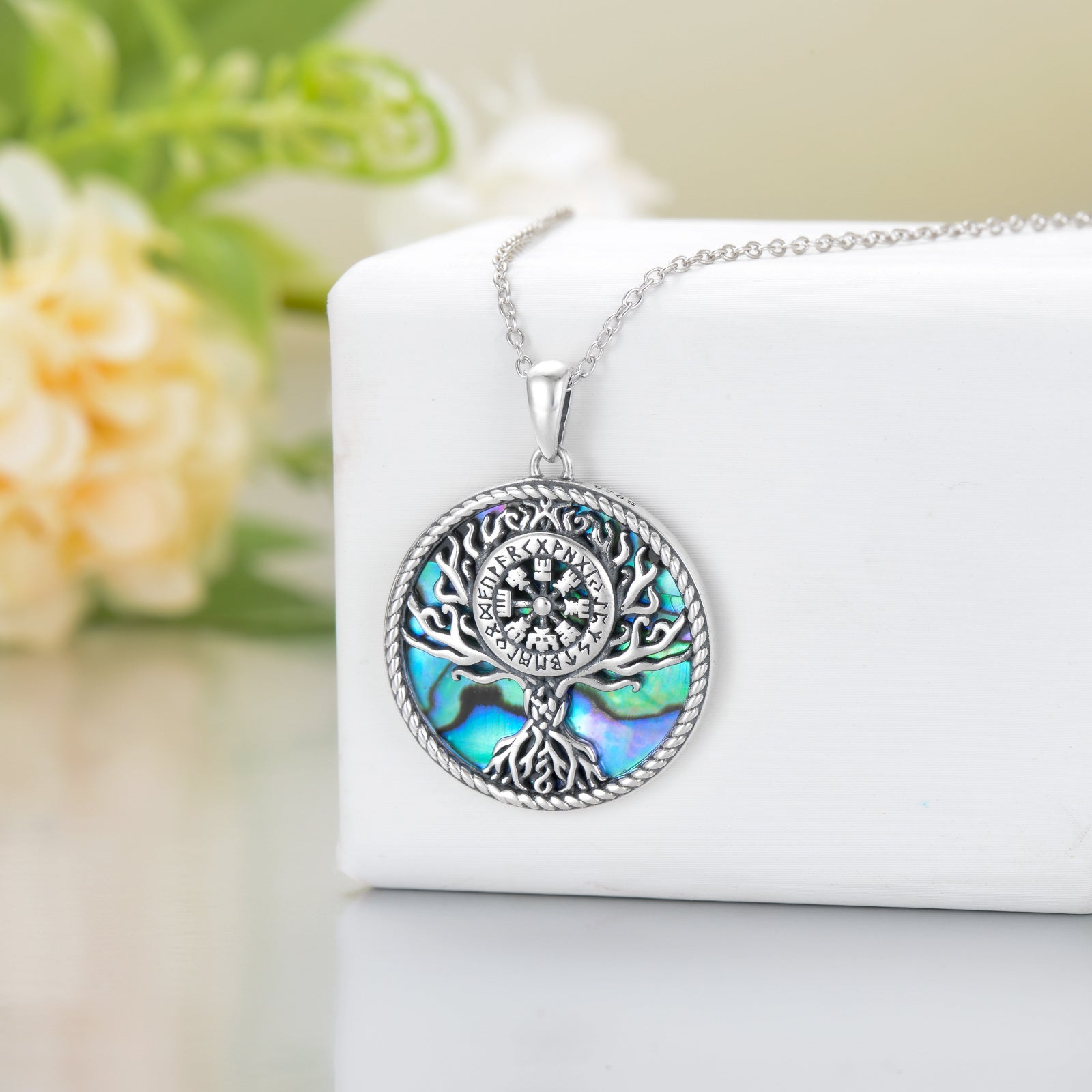 Sterling Silver Circular Shaped Abalone Shellfish Tree Of Life & Viking Rune Pendant Necklace
