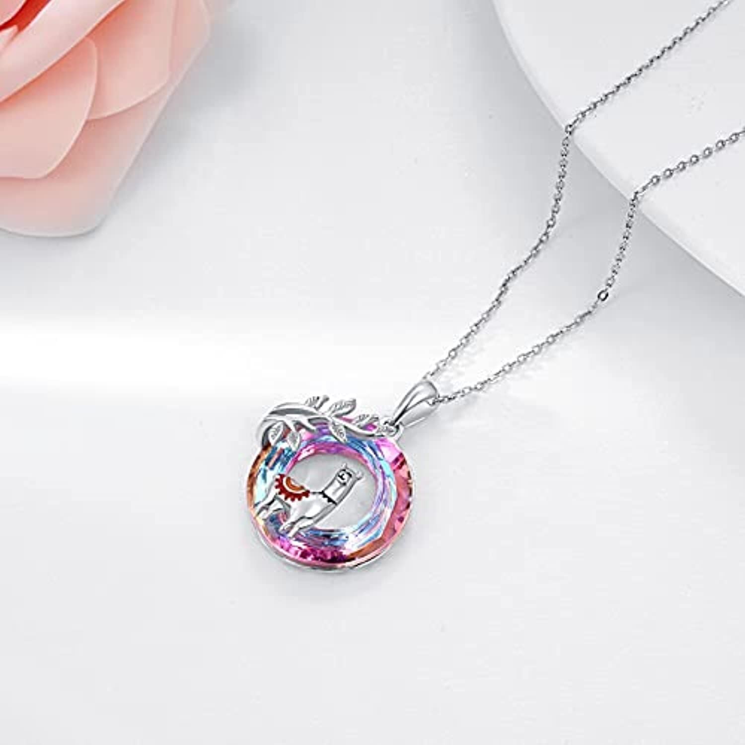Sterling Silver Circular Shaped Alpaca Crystal Pendant Necklace