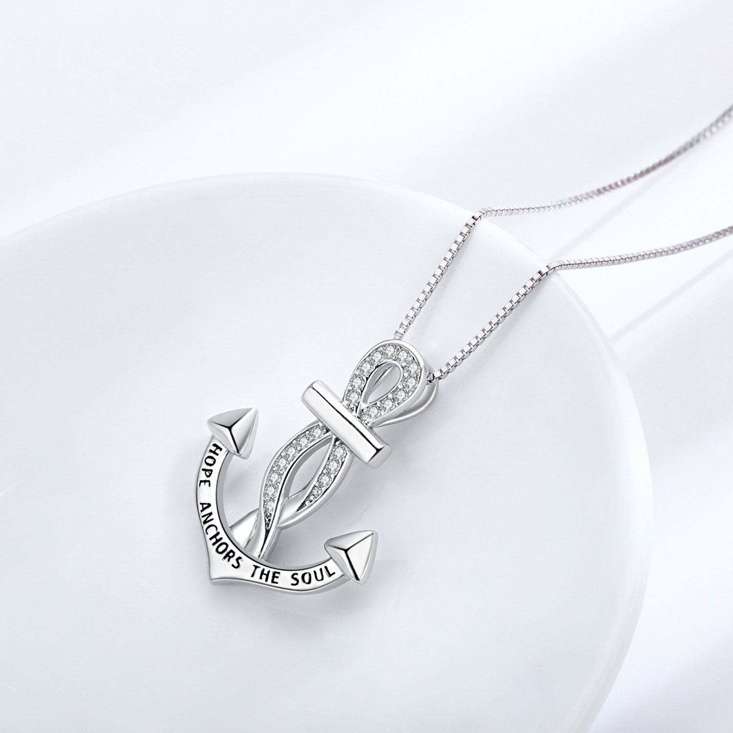Sterling Silver Circular Shaped Cubic Zirconia Anchor Pendant Necklace with Engraved Word