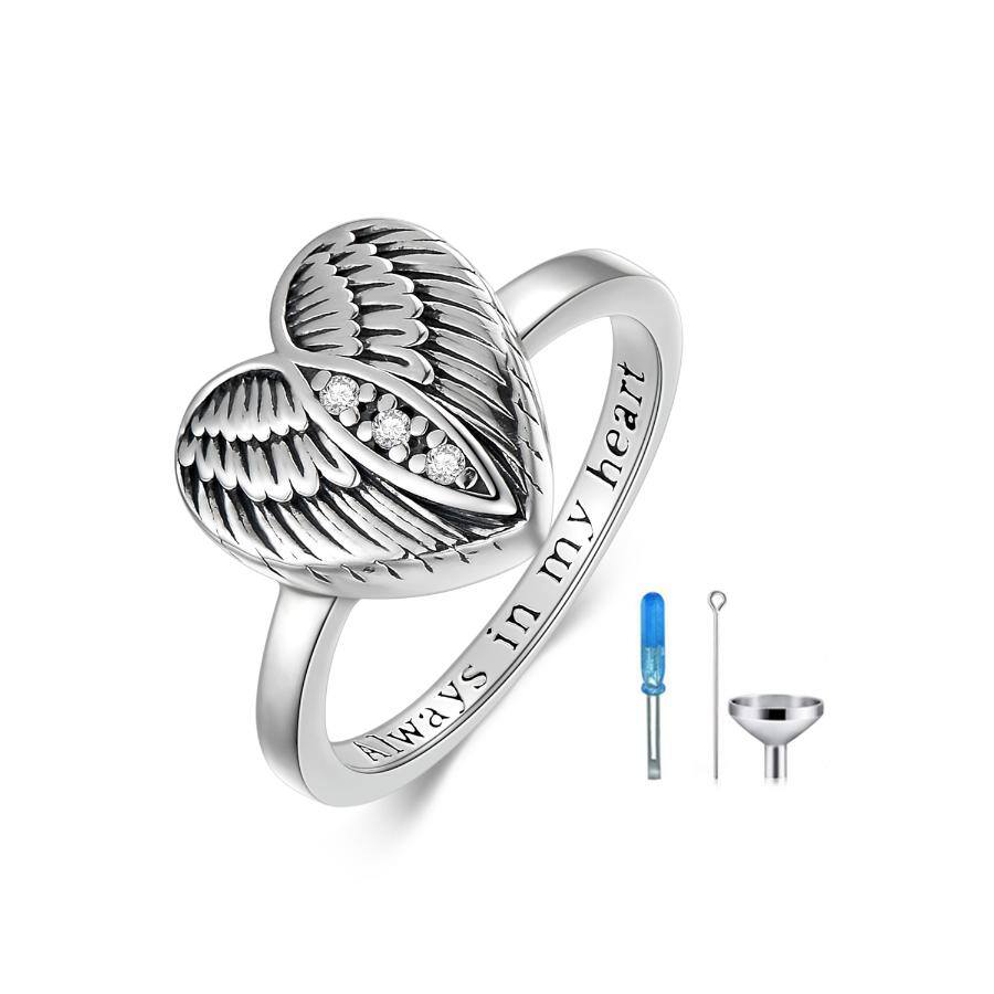 Sterling Silver Round Shaped Cubic Zirconia Angel Wing & Heart Urn Ring with Engraved Word