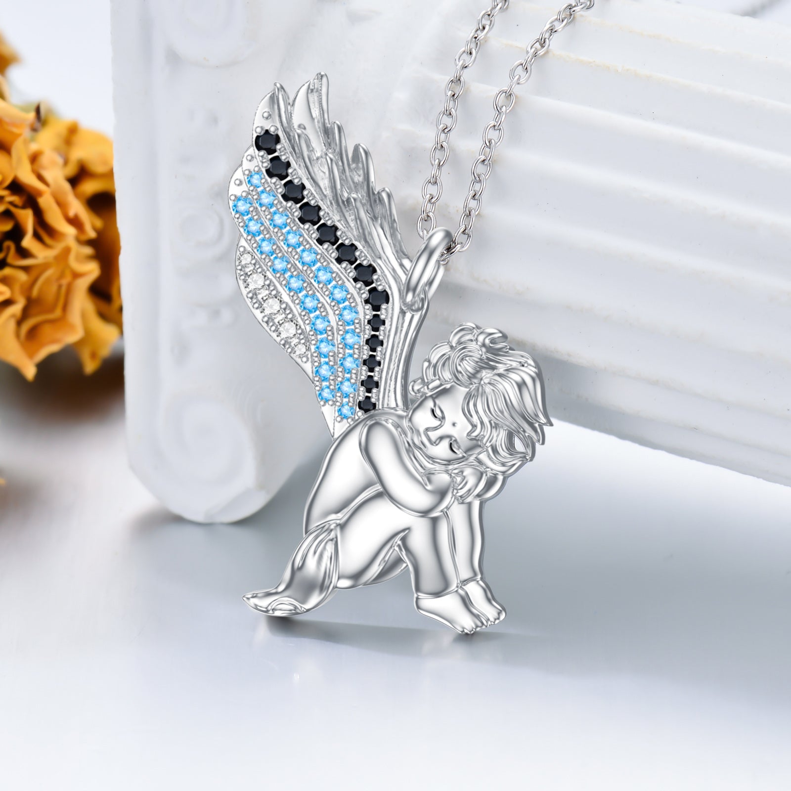 Sterling Silver Circular Shaped Cubic Zirconia Angel Wings Pendant Necklace