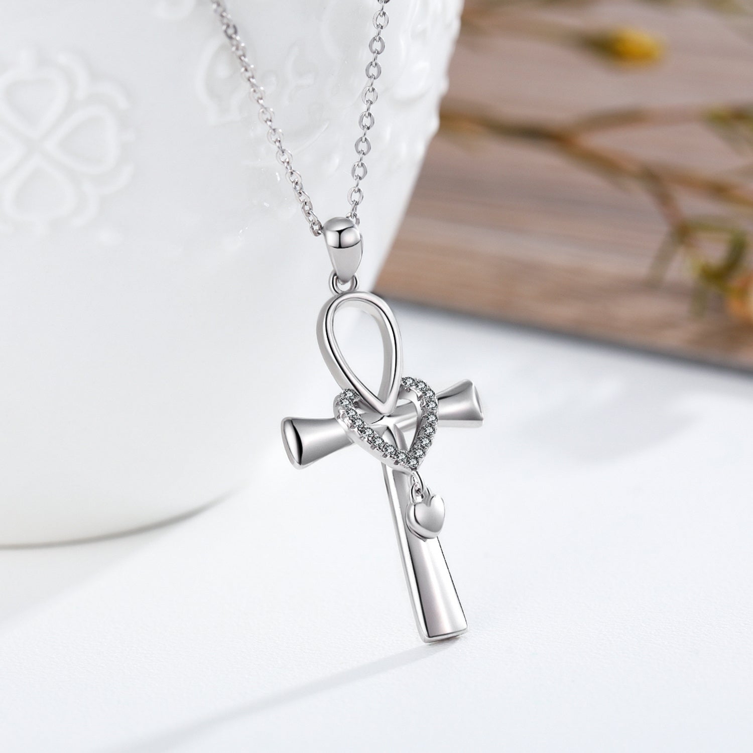 Sterling Silver Circular Shaped Cubic Zirconia Ankh & Heart Pendant Necklace