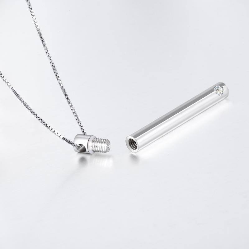 Sterling Silver Circular Shaped Cubic Zirconia Bar Urn Necklace for Ashes