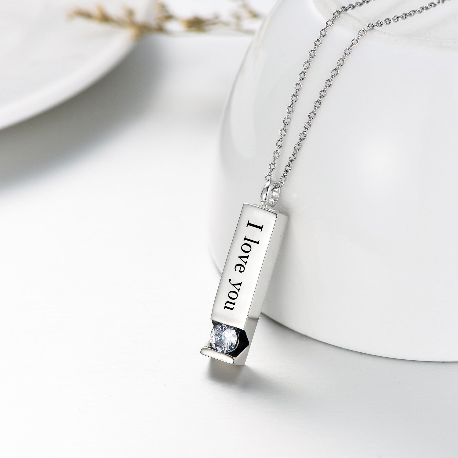 Sterling Silver Circular Shaped Cubic Zirconia Bar Urn Necklace for Ashes with Engraved Word