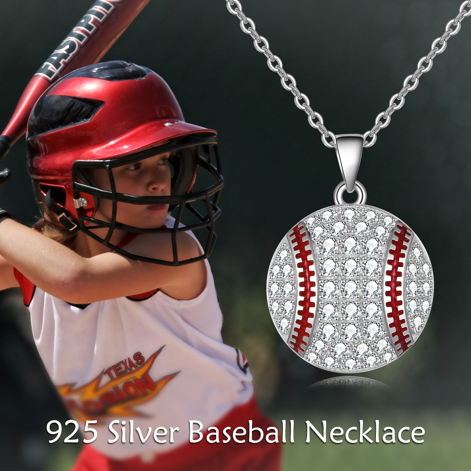 Sterling Silver Circular Shaped Cubic Zirconia Baseball Pendant Necklace