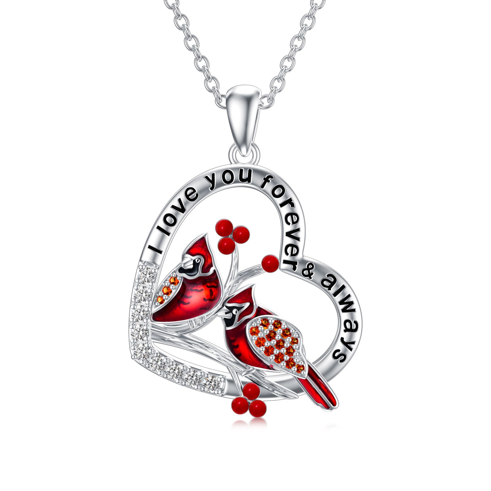 Sterling Silver Circular Shaped Cubic Zirconia Cardinal & Heart Pendant Necklace with Engraved Word