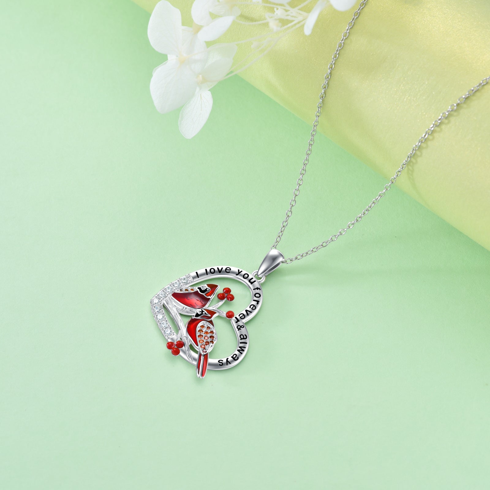 Sterling Silver Circular Shaped Cubic Zirconia Cardinal & Heart Pendant Necklace with Engraved Word