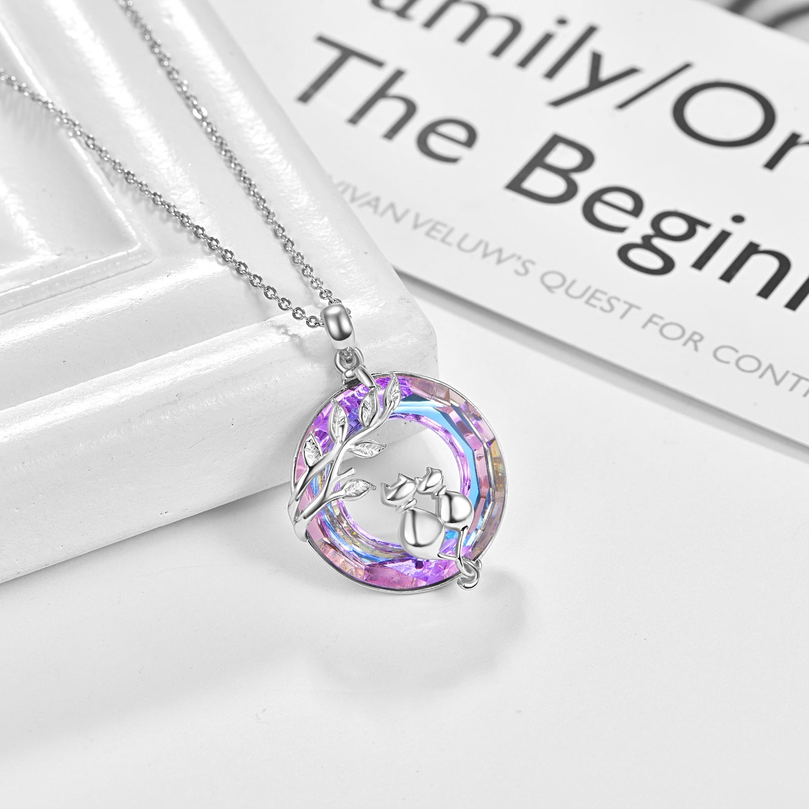Sterling Silver Circular Shaped Cat Crystal Pendant Necklace