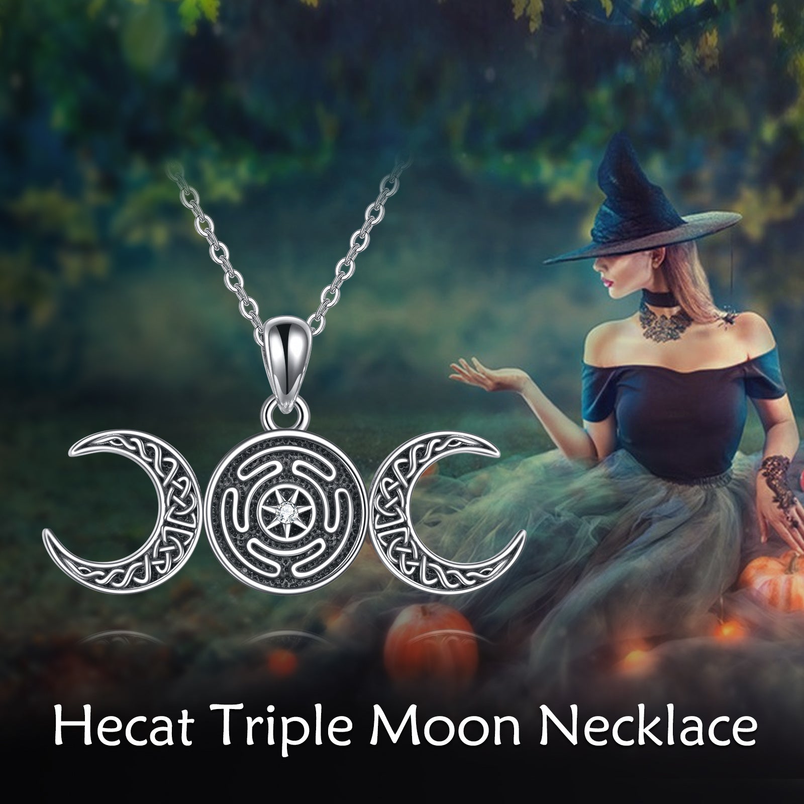 Sterling Silver Circular Cubic Zirconia Moon Celtic Knot With Hecate Wheel Pendant Necklace For Unisex