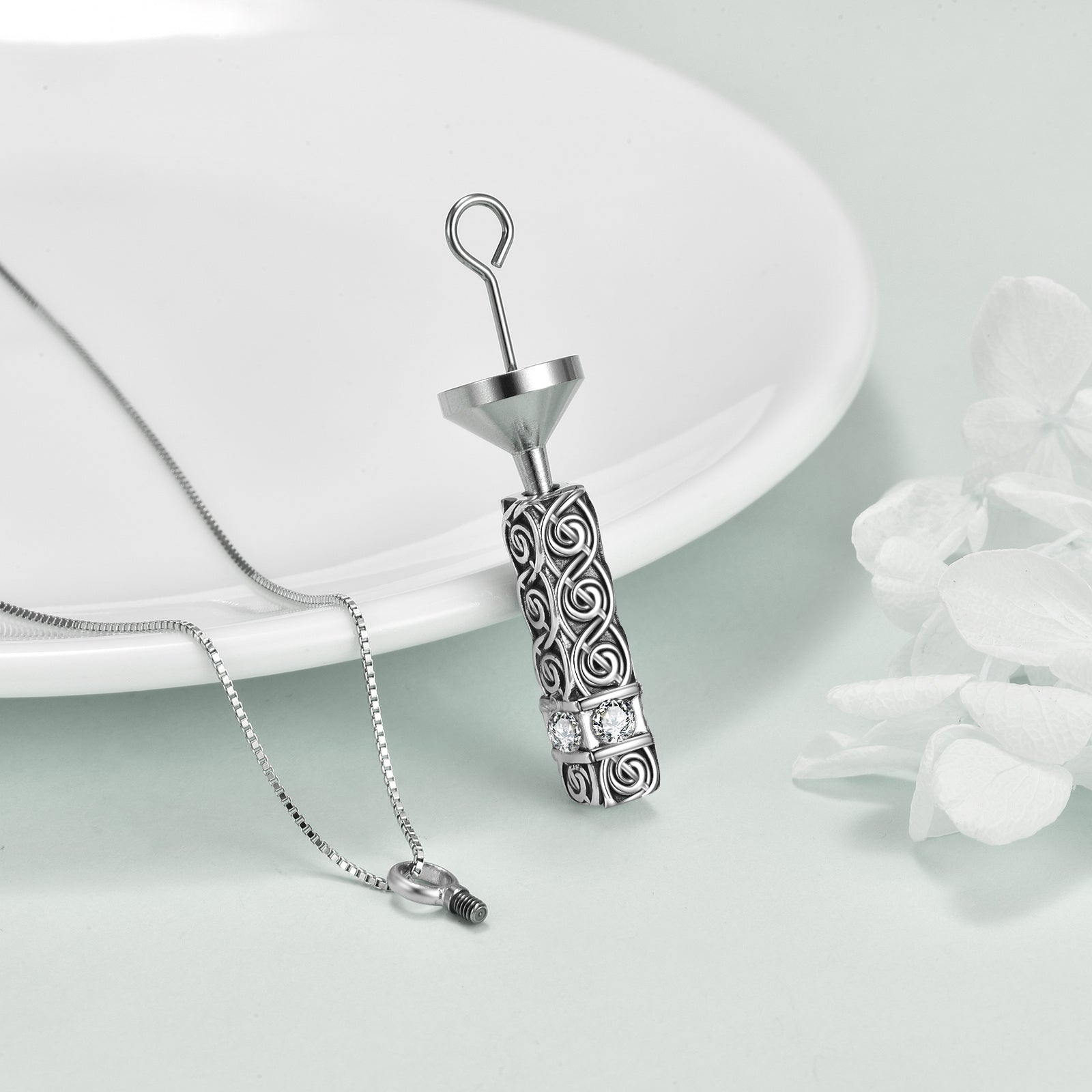 Sterling Silver Circular Shaped Cubic Zirconia Celtic Spiral Knot & Square Urn Necklace for Ashes