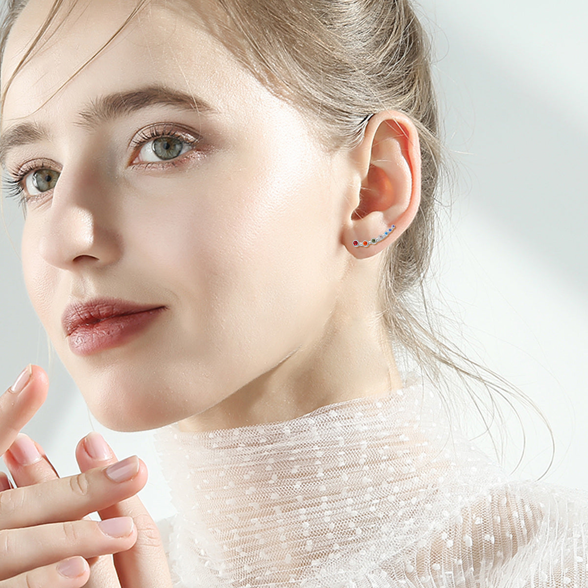 Sterling Silver Circular Shaped Cubic Zirconia Chakras Climber Earrings