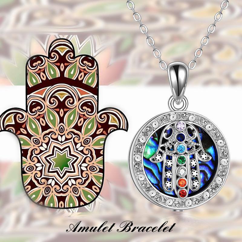 Sterling Silver Circular Shaped Chakras & Hamsa Hand Pendant Necklace with Engraved Word
