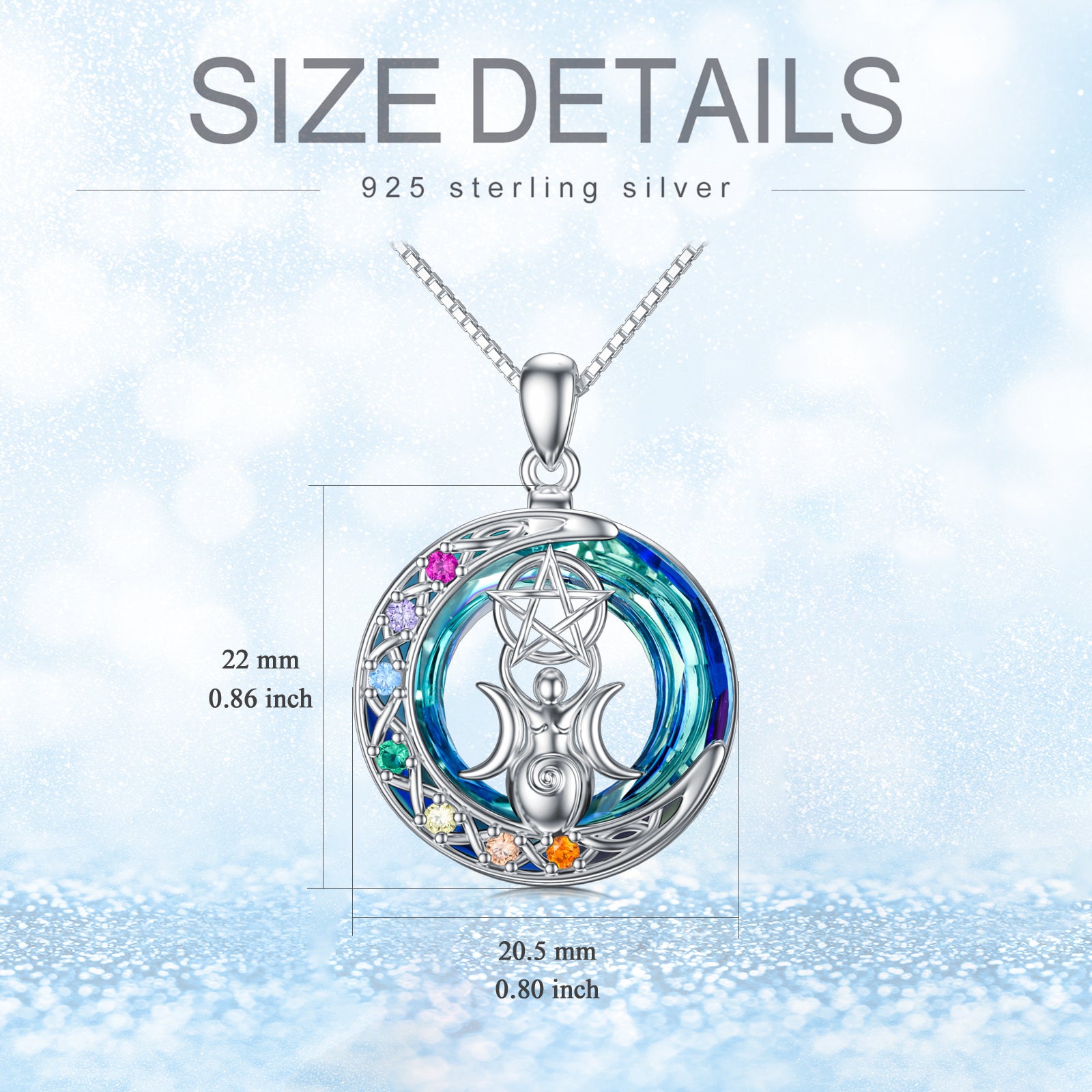 Sterling Silver Circular Shaped Chakras & Triple Moon Goddess Crystal Pendant Necklace