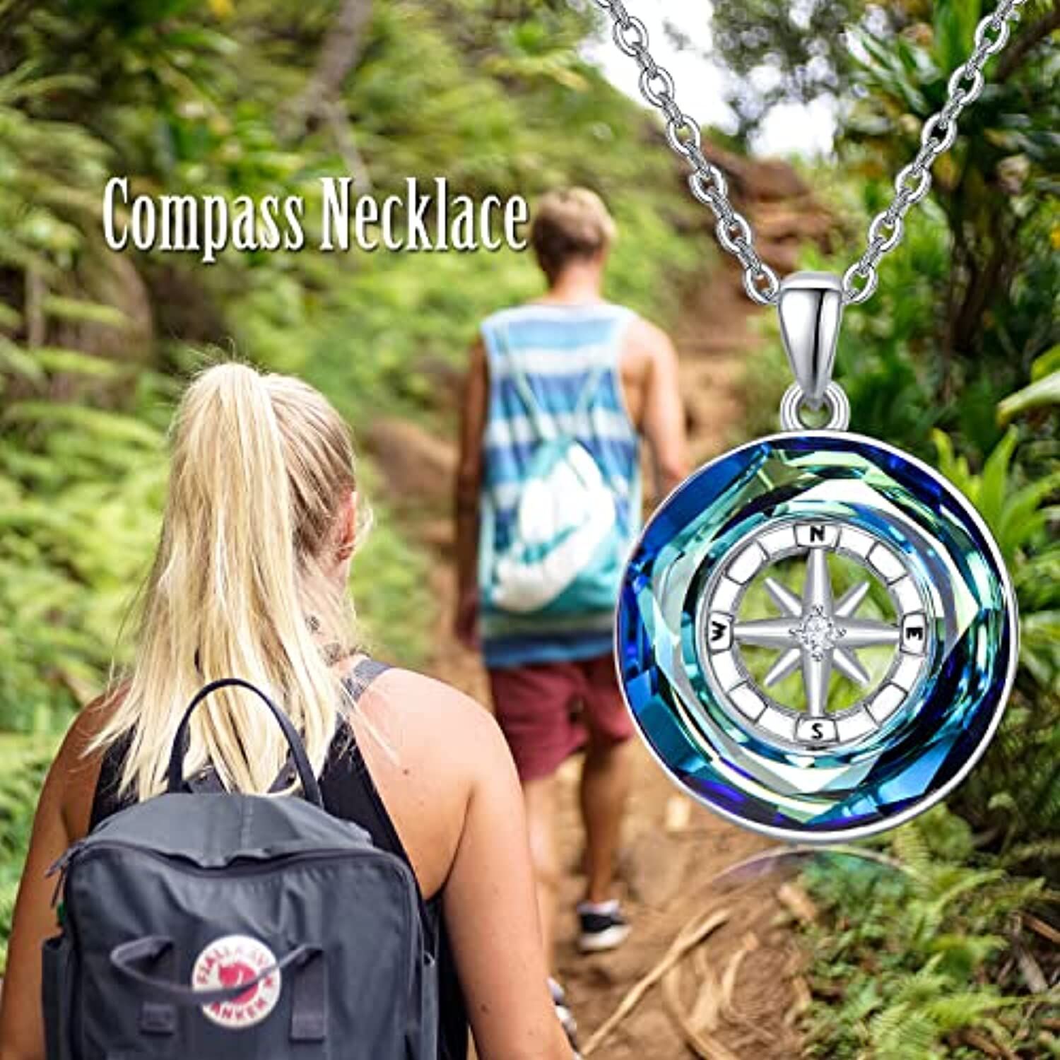 Sterling Silver Circular Shaped Compass Blue Crystal Pendant Necklace