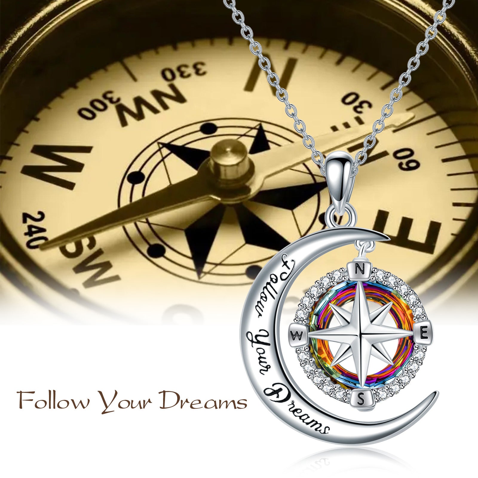 Sterling Silver Circular Shaped Compass & Moon Crystal Pendant Necklace with Engraved Word