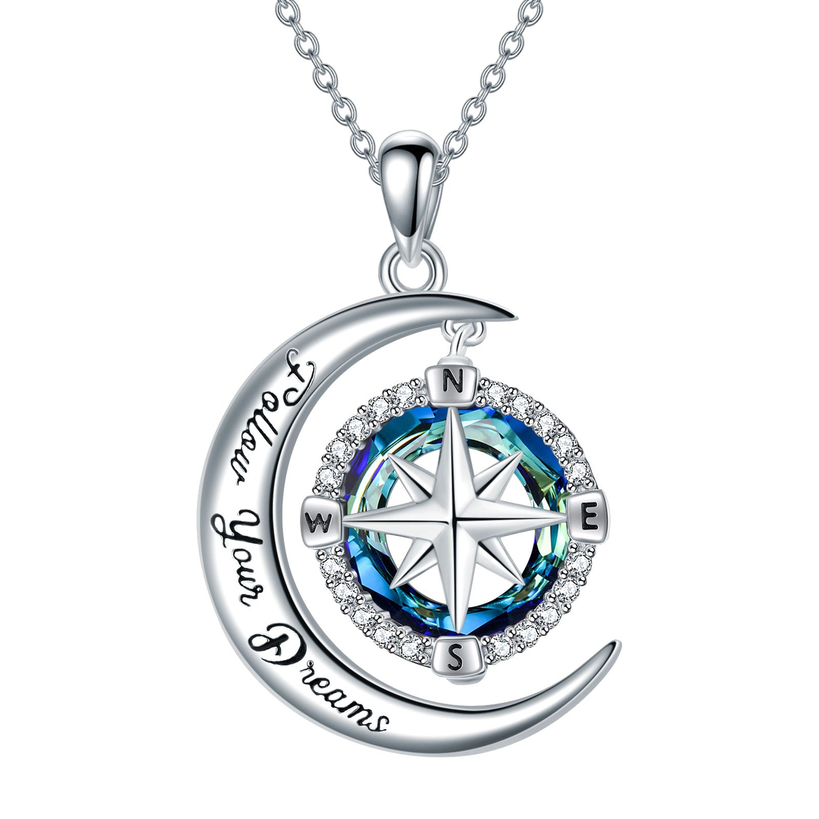 Sterling Silver Circular Shaped Compass & Moon Crystal Pendant Necklace with Engraved Word