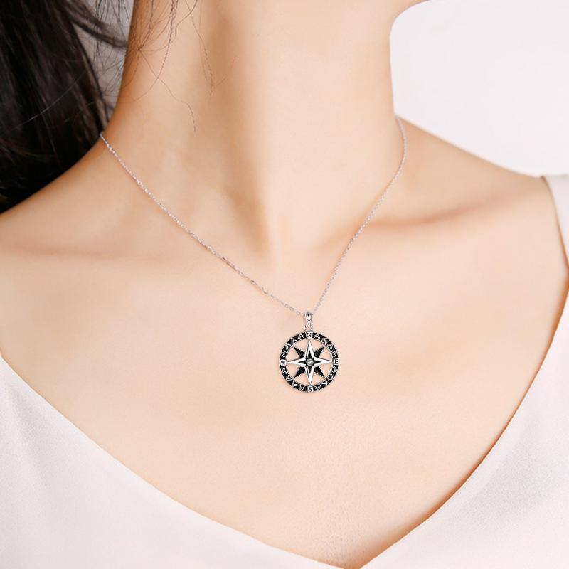 Sterling Silver Circular Shaped Cubic Zirconia Compass Pendant Necklace