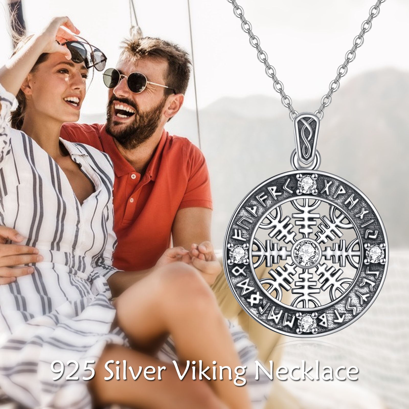 Sterling Silver Circular Shaped Cubic Zirconia Compass & Viking Rune Pendant Necklace