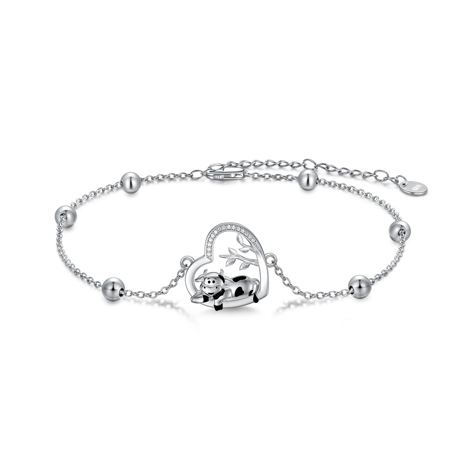Sterling Silver Circular Shaped Cubic Zirconia Cow & Heart Charm Bracelet