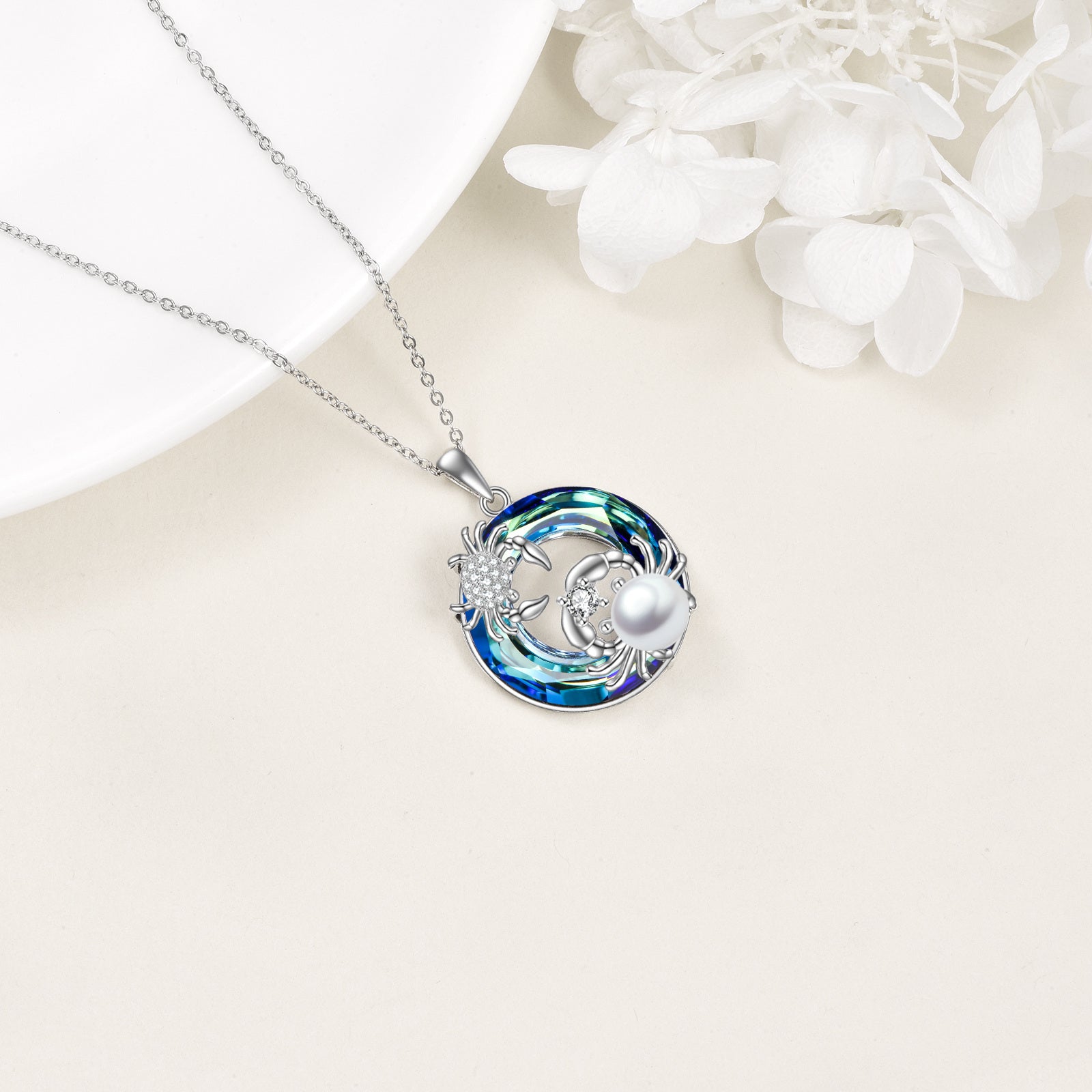 Sterling Silver Circular Crab Pearl Crystal Necklace for Women