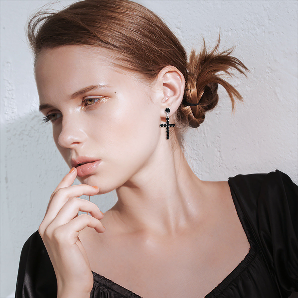 Sterling Silver Circular Shaped Cubic Zirconia Cross Drop Earrings